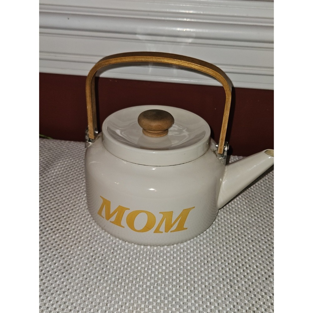 Vintage Enamel Ware Mom Tea Pot Kettle Wood Handle Retro MCM - Picture 3 of 6
